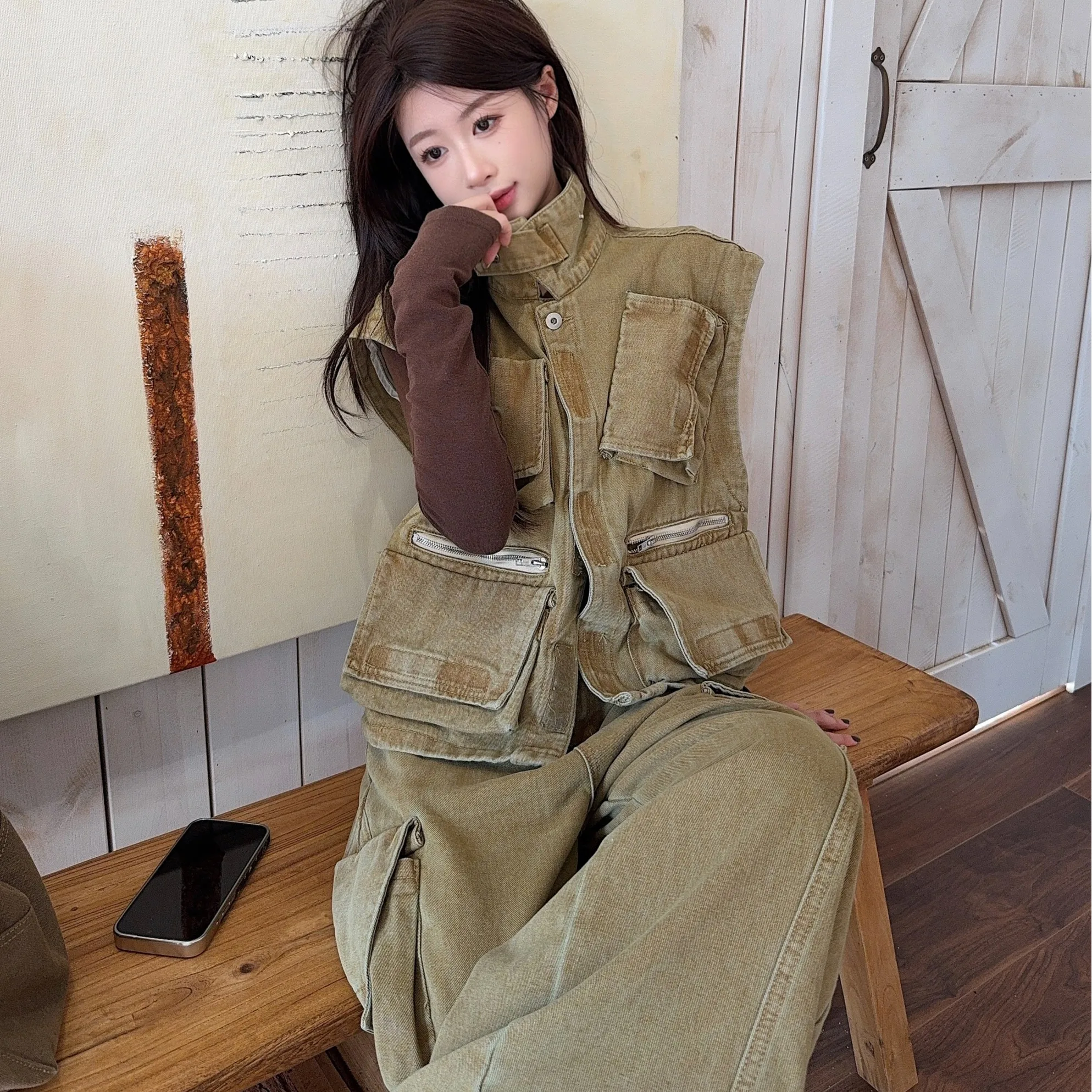 

SuperAen Spring Korean Style Fashion Denim Safari Style Pockets Design Sleeveless Coats Loose Oversize Wide-leg Pants Khaki Sets
