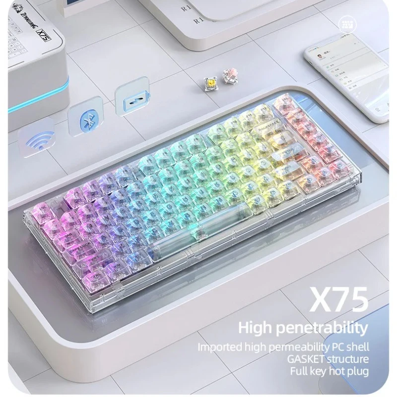 

Transparent Mechanical Keyboard Customized Wired RGB Hot Pluggable Glass Axis Gaming Esports Keyboard High Penetration Key Cap