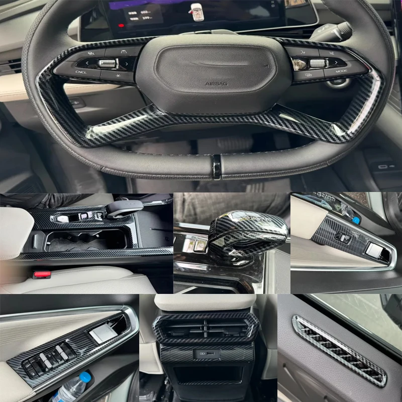 

Для Geely Cityray 2024 2025 ABS углеродное волокно, переключатель подъема окна автомобиля, панель переключения передач, боковая крышка переменного тока, рамка, аксессуары для интерьера