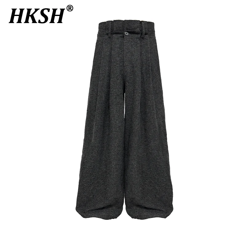 HKSH Spring Autumn New Men Tide Wide Leg Casual Suit Pants Wool Hemp Texture Double Waist Folded Streetwear Elegant Chic HK3373