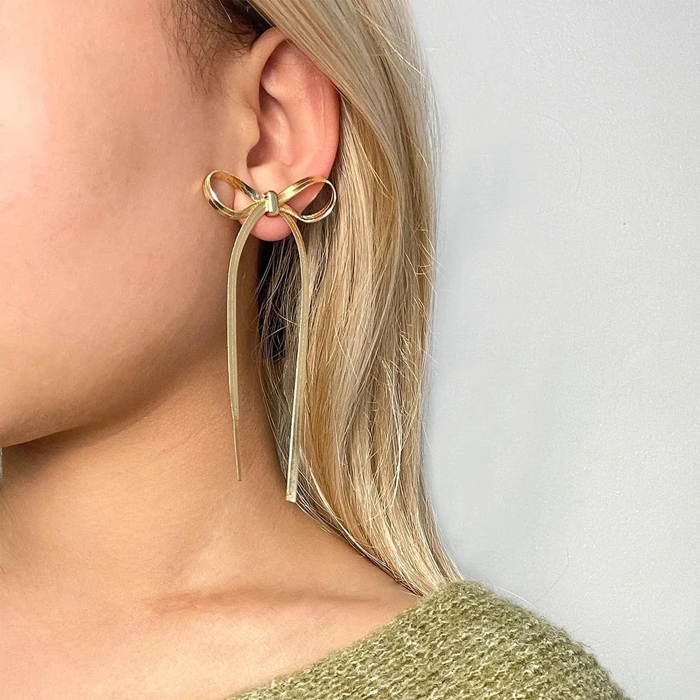 Loe| Girl Long Bow Earrings.Trendy Stainless Steel Tassel Jewelry.Gold Document.Lovely Gifts for Teenage.for Best Sister.Kpop