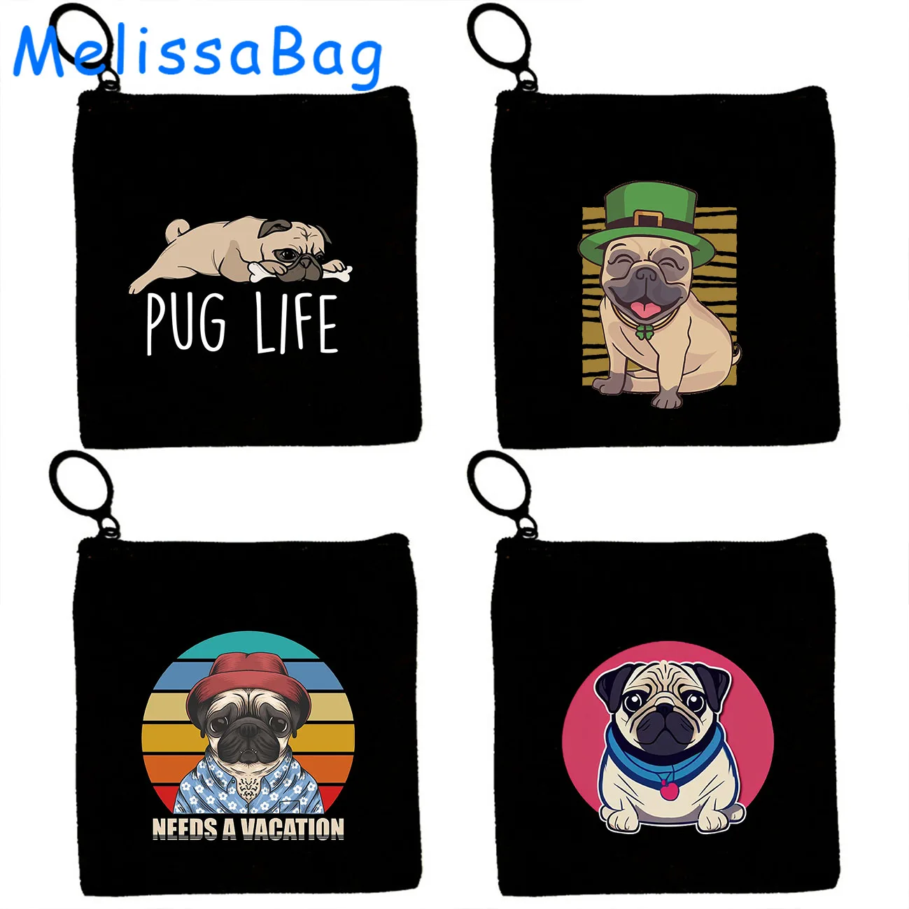 Funny Poppy Cute Pug Lover Gift DOG Cartoon Pug Dad Mom Adorable Canvas Coin Purse Key Case Card Storage Bag Wallet Zipper Pouch