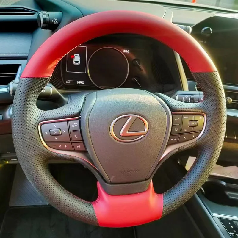 For Lexus 2018-2024 ES ES200 ES260 ES350h Hand Sewn Needle Thread Car Steering Wheel Cover Car Accessories Genuine Leather Black