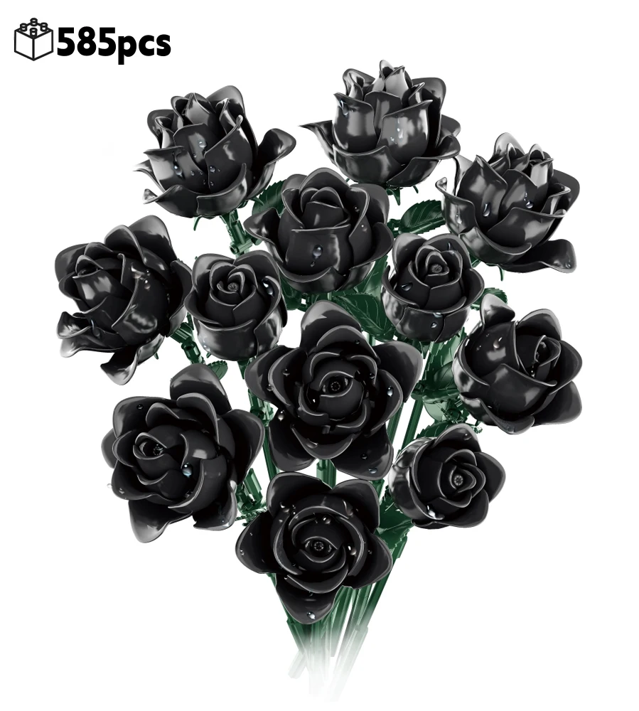 

NEW Creative Gothic Style Dark Roses Building Blocks Black Flower Bouquet DIY tabletop decoration Model Valentines Day Gift