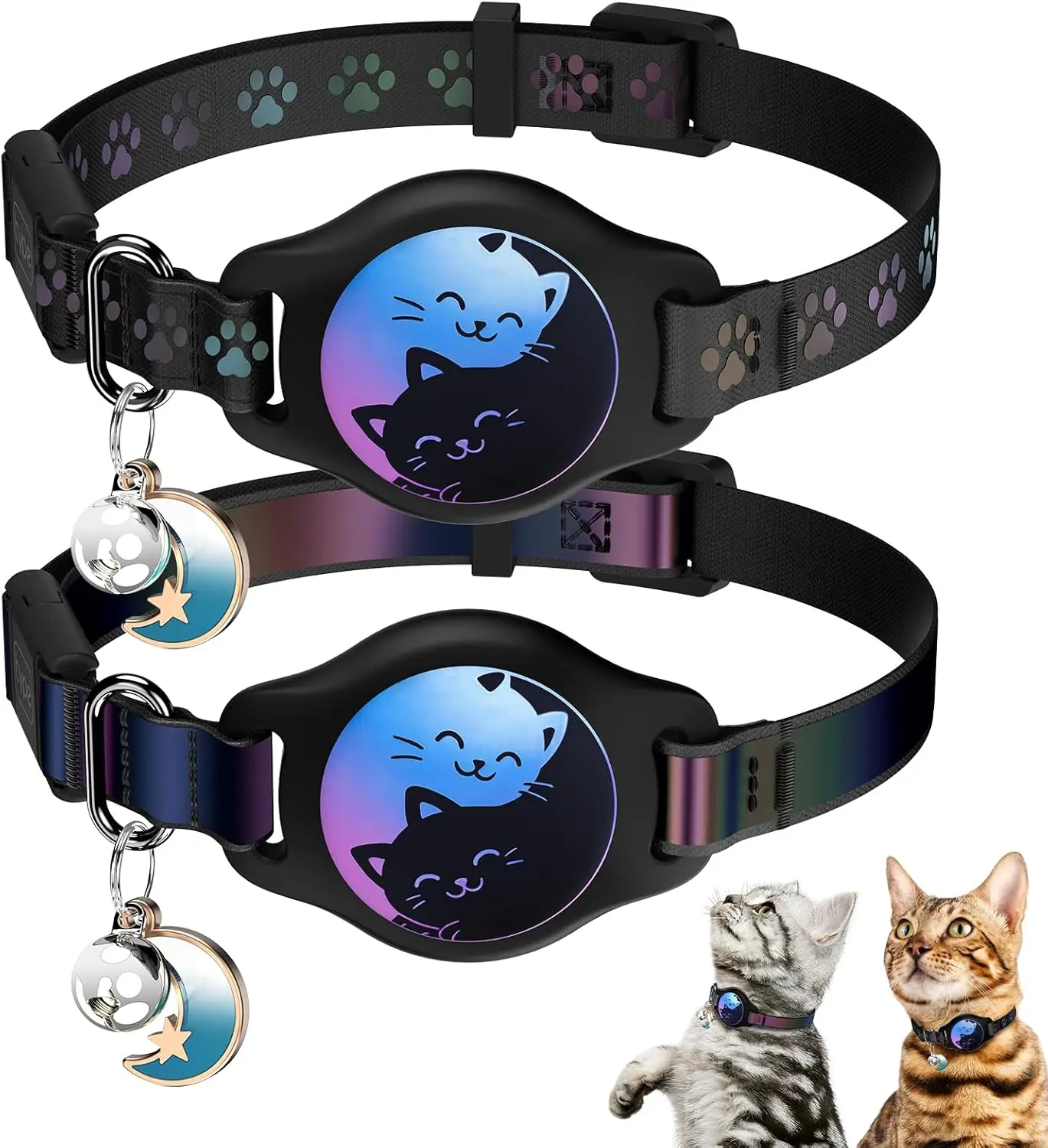 

2 Pack Breakaway Cat Collar with AirTag Holder, Waterproof Reflective Adjustable Kitten Collar for GPS Tracker, Black 8-11"
