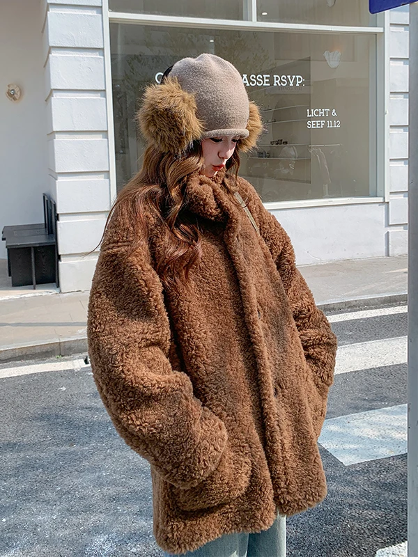 Casaco Feminino de Pele de Cordeiro Ort, Reversível, Quente, Casual, Ajuste Solto com Capuz para Outono e Inverno