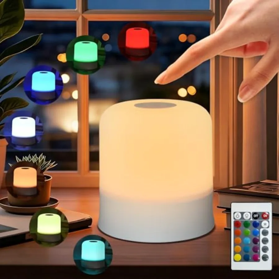 

Night Light Bedside Lamp with Touch and Remote Control, 13 RGB Colors Changing 5 Brightness Dimmable Table lamp, Rechargeable P
