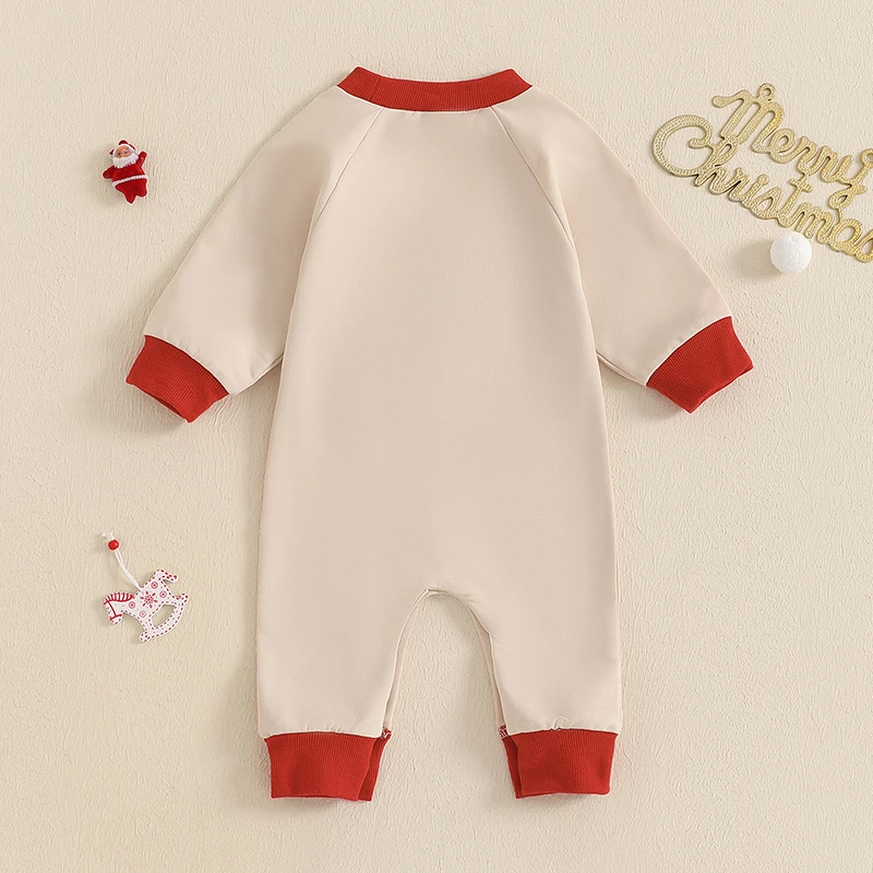 Baby Christmas Romper Letter Santa Claus Embroidery Long Sleeve Crew Neck Full Length Jumpsuit