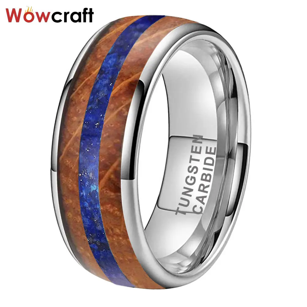 Whisky Barrel Oak Wood Lapis Inlay Black Tungsten Ring for Men Women Fashion Engagement Wedding Band