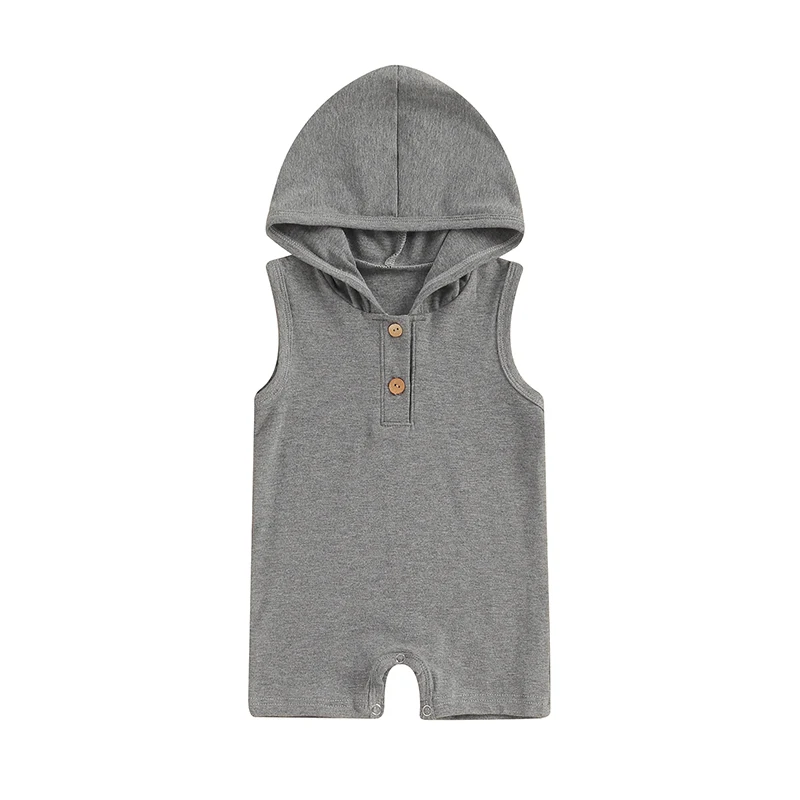 

Baby Boy Hooded Sleeveless Tank Jumpsuit Hoodie Romper Solid Color Bodysuits Button Overalls Infant Summer Clothes