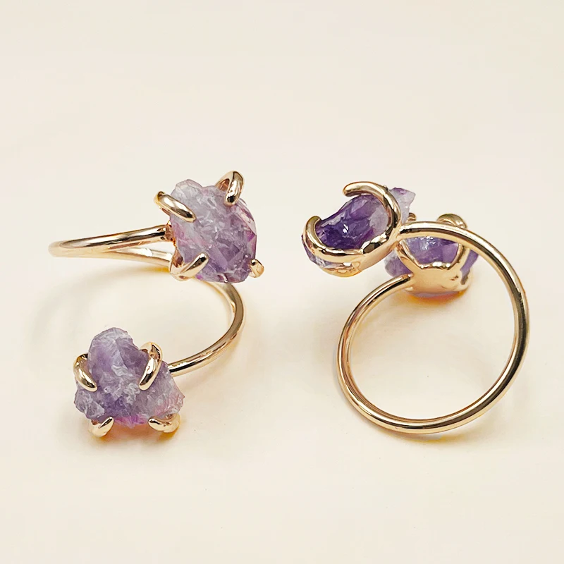 Irregular Amethyst Open Ring for Women Girls Claw Setting Gold-color Boho Rough Purple Crystal Finger Jewelry Resizable