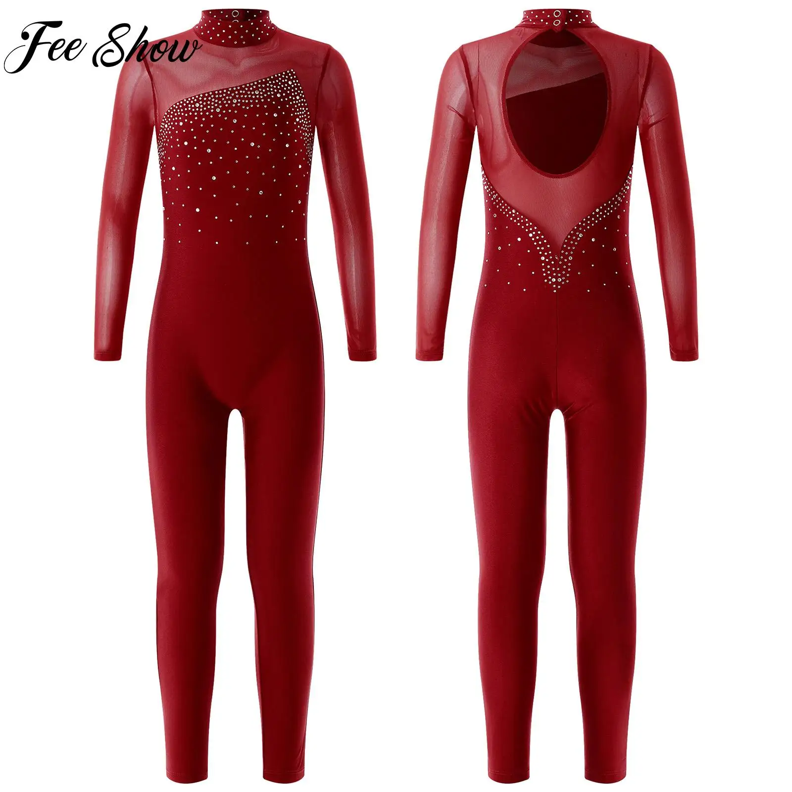 

Kids Girls Stylish Clothing Figure Skating Stage Performance Competition Dance Costume Long Sleeve Shiny Rhinestone Jumpsuit