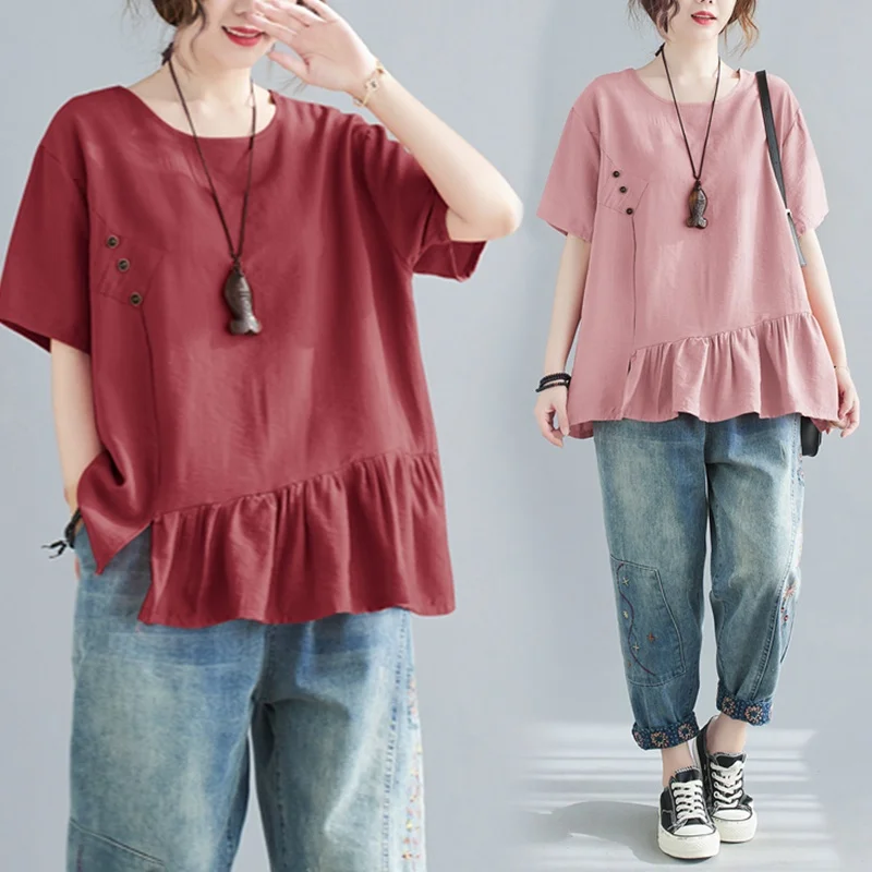 

Цветная футболка на пуговицах ort Sve round Ne, женская одежда больших размеров, топ, закрывающий живот, свободный крой для поездок на работу