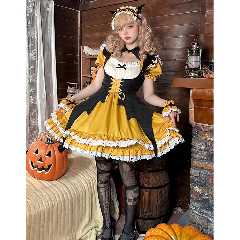 

Maid Cosplay Halloween Costumes for Women Dark Gothic Orange Witch Lolita Dress Maid Pumpkin Uniform