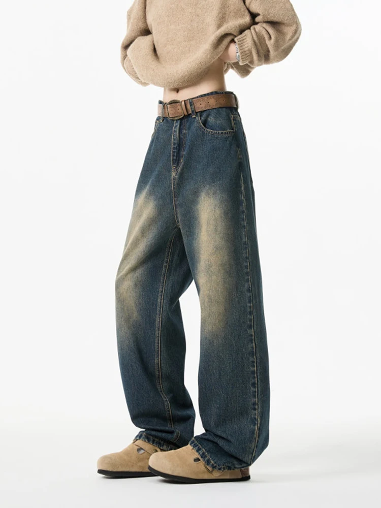 

American High Street Sle Men's Jeans 2024 New Waed Vintage Wide Leg Pants Autumn Winter Straight Cut Loose Fit Trousers