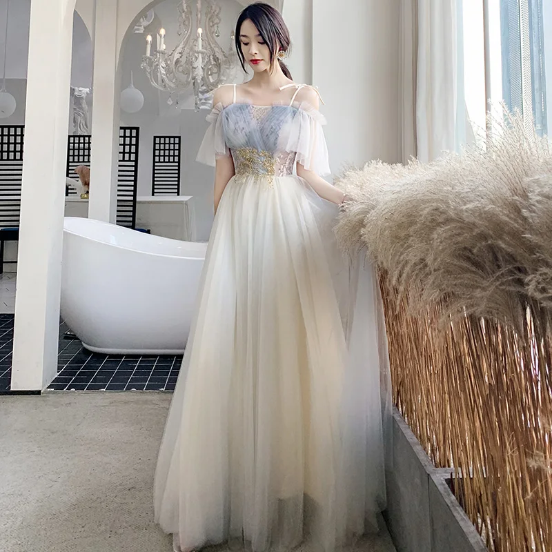 

Long Bridesmaid Dress Women New Tulle A-line Backless Sisters Group Formal Prom Gown Temperament Elegant Wedding Banquet Dresses