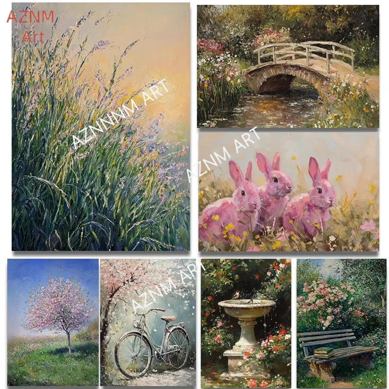 Vintage Meadow Lavender Antique Spring Posters Floral Pink Rabbit Prints Canvas Painting Wall Art Picture Home Living Room Decor