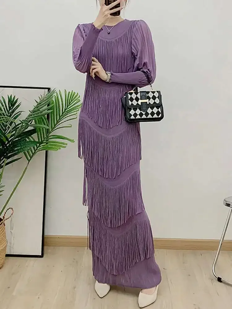 Geplooide jurk met kwastjes, dames, ronde hals, volledige mouw, chique elegante dame, 2025, zomer, nieuwe mode, casual dame, lange avondjurken