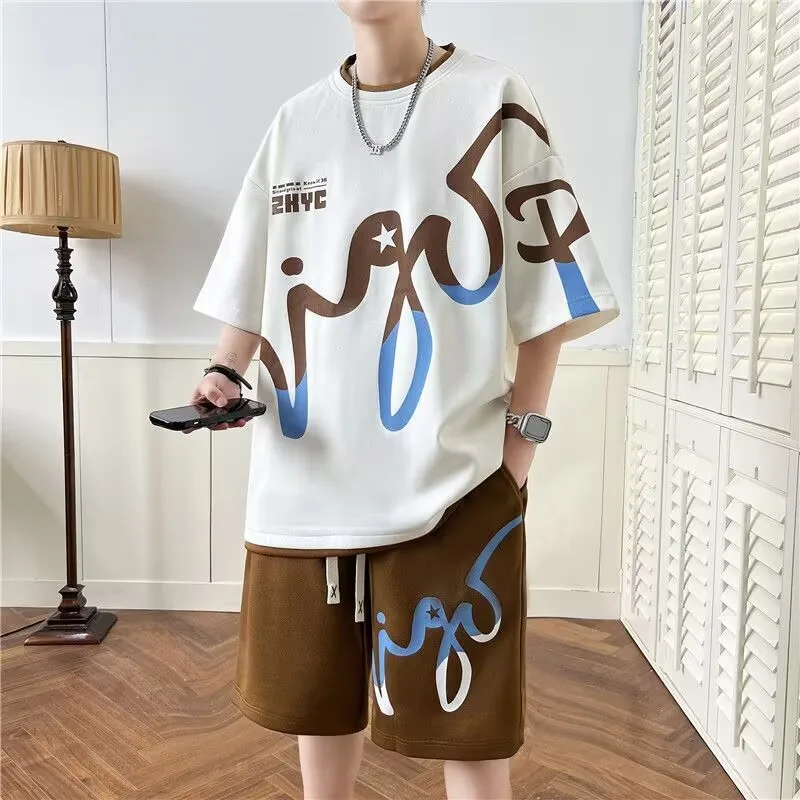 2026  Men's new Waffle TZ80 Summer Suit  Casual T-shirt + Shorts Suit Men's Tracksuit Solid color tracksuit loose suit 2XL 5XL