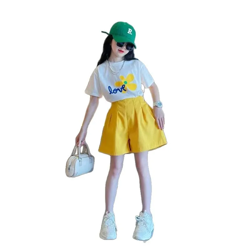 

Summer girls' suit, a stylish children's short-sleeved top and shorts, a popular casual two-piece set for 4-14 years old girls