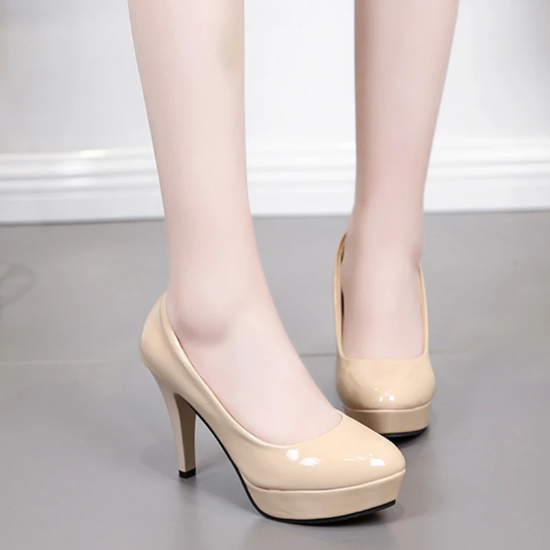 

Beige waterproof platform high heels women's spring and autumn patent leather sexy round toe stiletto wedding shoes 10cm