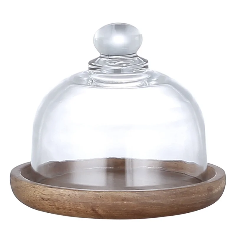 Wooden Cake Stands Glass Cover Bread Pastry Dessert Plate Food Display Tray Serving Cheese Cloche Platter Home Kitchen Cake Tool