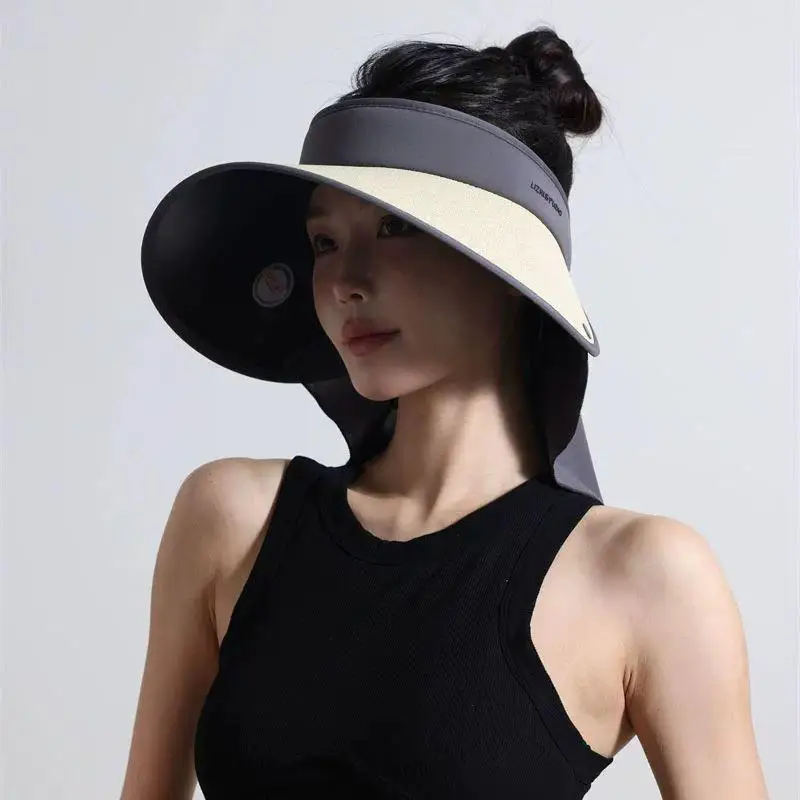 Women Straw Style Empty Top Visor Hat Foldable Vinyl Sun Cap With Detachable Wide Brim Beach Cycling Sunscreen Head Gear