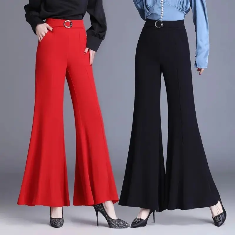 

Flare Ladies 2025 Spring Summer New High Waist Elasticity Wide Leg Pants Ladies Office Lady Simplicity Solid Color Slim Trousers