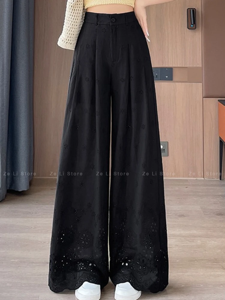 Women Lace Cut Out Crochet Loose Pants High Waist Draped Casual Suit Straight Leg Mop Summer 2026 XJ989