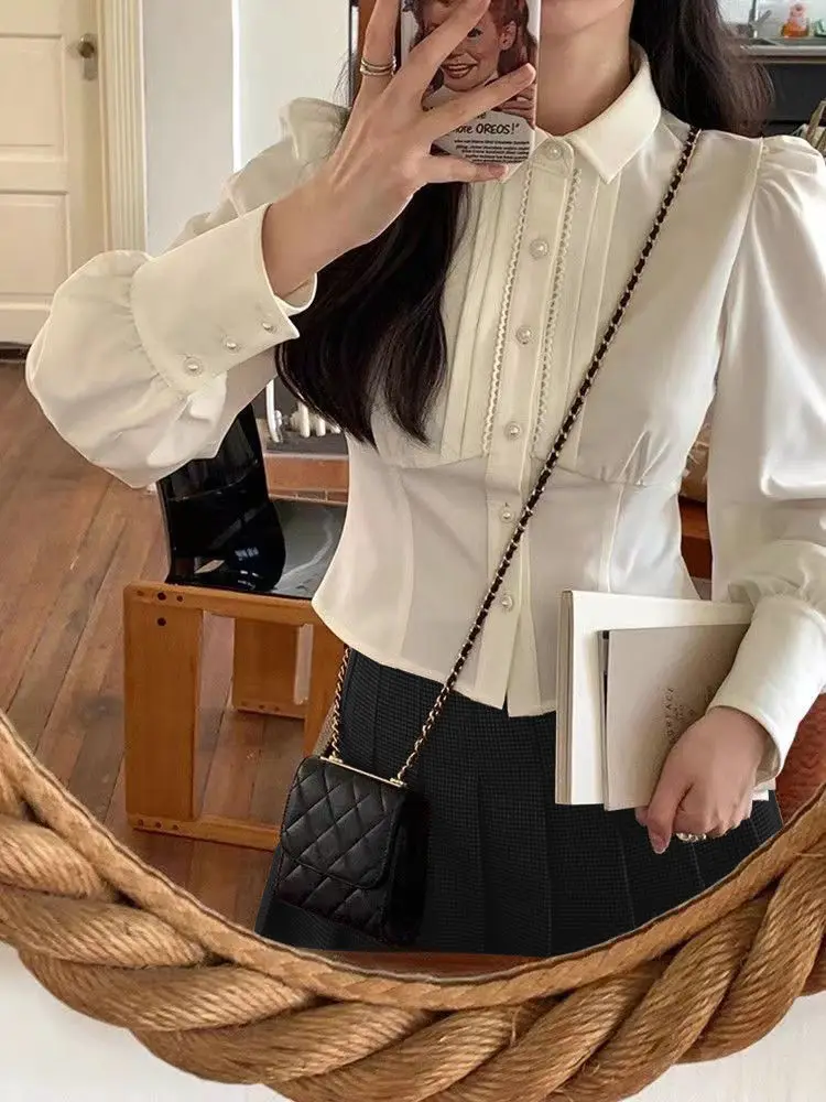 Francês chique manga comprida camisas brancas mulheres 2025 outono doce fino ajuste cintura colheita topo vintage versátil blusa