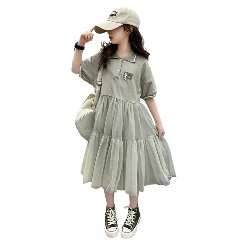 Girls Summer Dress 2024 New 6-12 years old 16 years old big children little girls preppy gauze dress