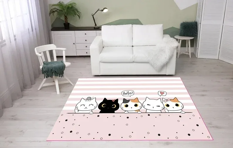 Colorful Cat Carpet Vintage Cartoon Cat Printed Floor Mat Cat Enthusiast Gift Cute Cat Bedroom Living Room Foyer Decoration