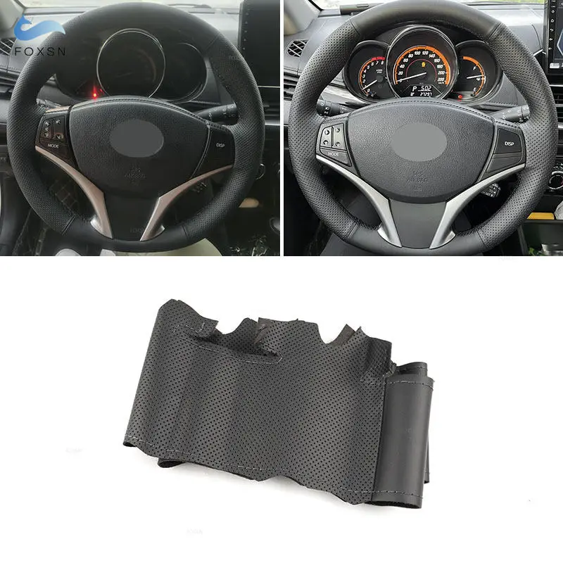 Car Steering Wheel Cover For Toyota Yaris L Vios 2014 2015 2016 2017 2018 2019 Perforated Microfiber Leather Trim w/Threads Bar