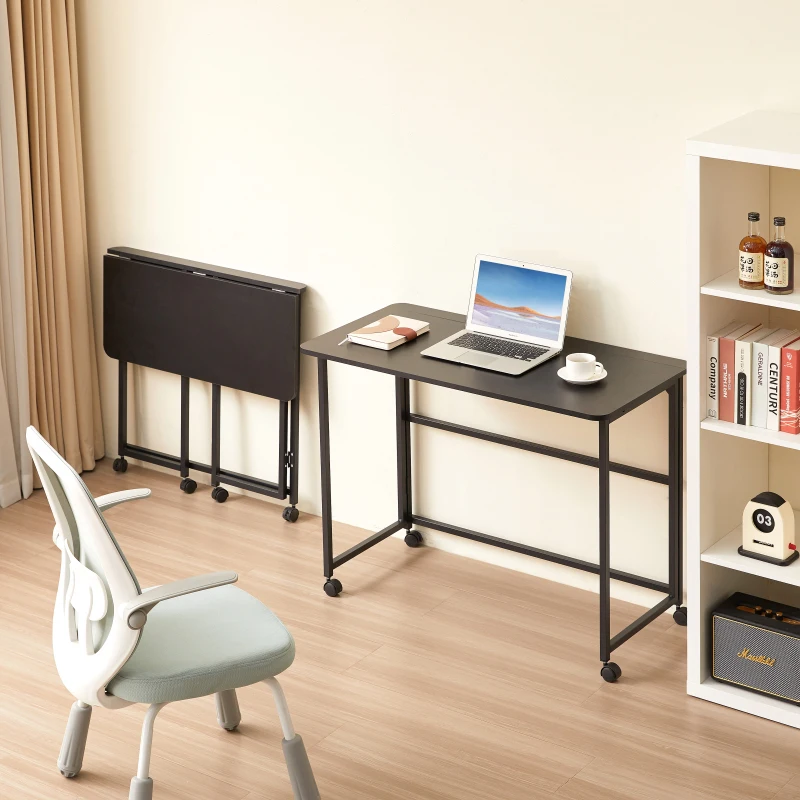 Green forest Folding Desk Small Rolling Desk With Storage Shelf Inch Fold able Computer Desk Wheels  sturdy and stable Black
