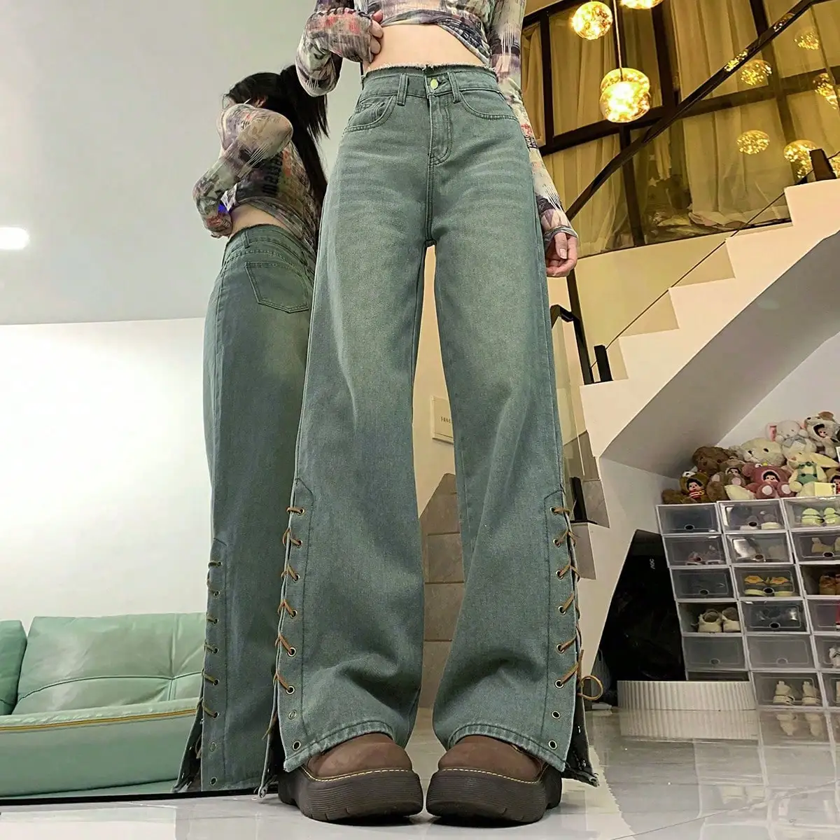 Korean Design Side Lace-Up Jeans for Women 2024 Autumn and Winter New Style Pear-Shaped Figure Trendyy Wide-Leg Pants