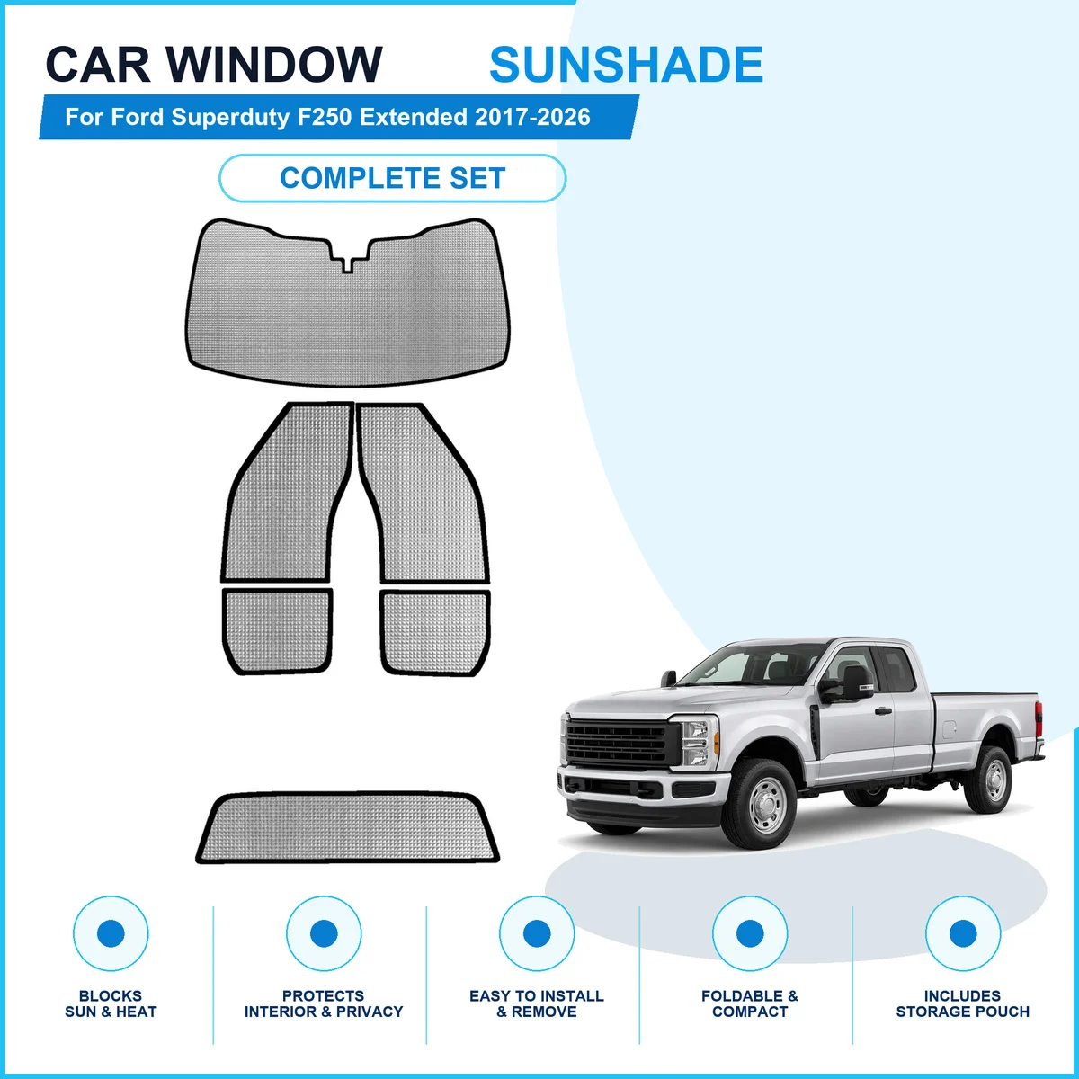 For Ford Superduty F250 Extended 2017-2026 Custom Full Set Window Sunshades Aluminum Foil Suction Cup Anti UV Privacy