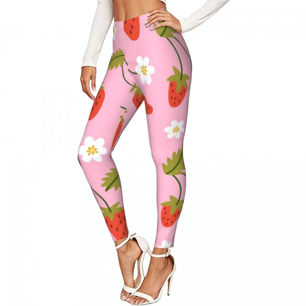 Women Full Length Elastic Leggings High Waist Tight Pants Strawberry With Leaves Branches And Flowers Casual Bottoms