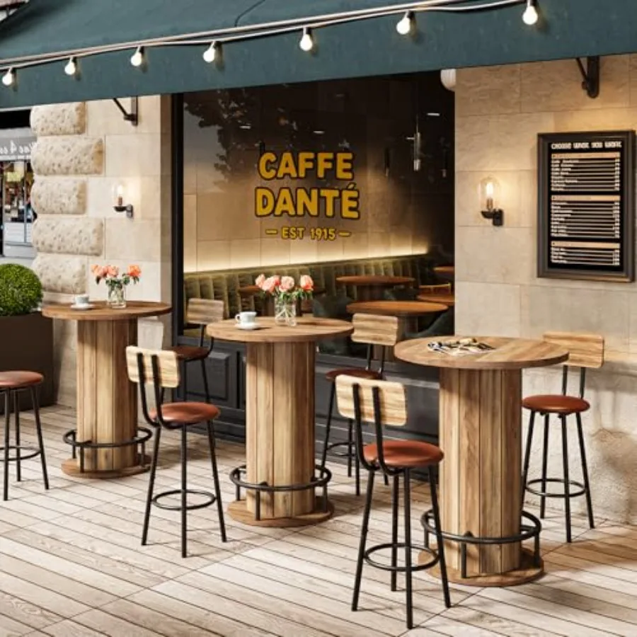 

Round Bar Height Dining Table Set of 2 with Wood Strip Base and Footrest for Kitchen Restaurant Cafe Bakery Pub Bistro Apartmen