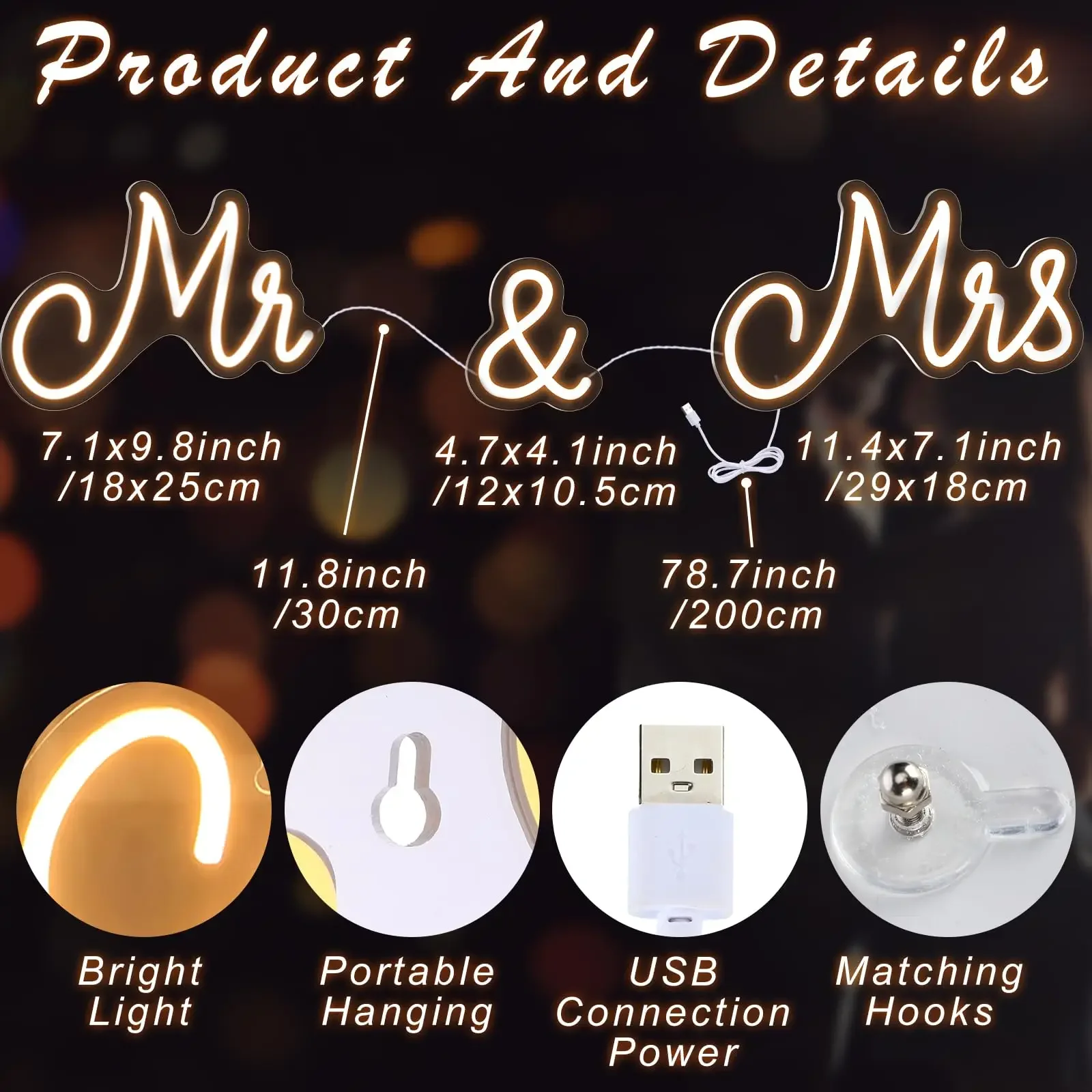 Mr and Mrs Neon Sign for Wedding Neon Light LED Backdrop Wall Decor USB Reception Decoration Gift Anniversary Engagement Banquet