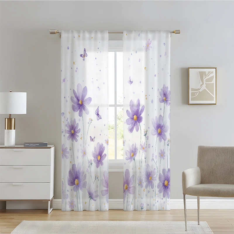 2PCS Digital Print Sheer Curtain, Purple Flowers Field Pattern, Romantic Provence Lavender Countryside Home Style Decor