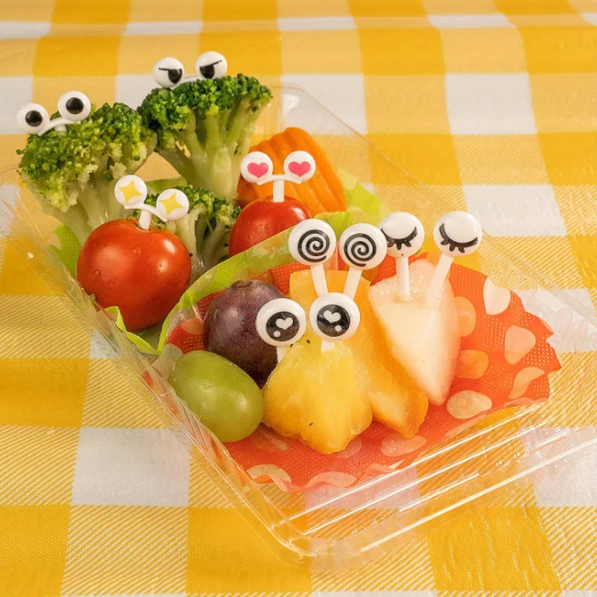 22pc/set Cartoon fruit fork cute eyes dinosaur cupcake top decoration food appetizer toothpicks, bento box accessories