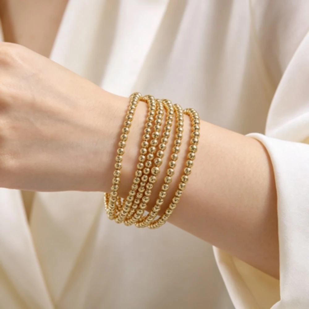 7PCS Gold Beaded Bracelet Set for Women, Elastic Stretch Stackable Bangles, Minimalist Jewelry for Daily Party Wear