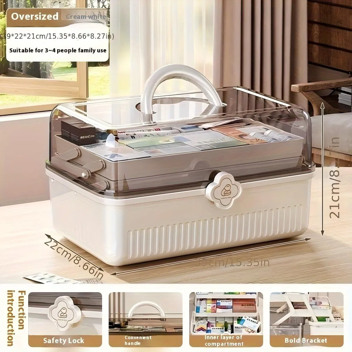 Caja de almacenamiento de medicamentos de gran capacidad con 3 niveles, organizador de primeros auxilios para el hogar, estuche portátil para pastillas y medicamentos con compartimentos para suministros médicos, contenedor seguro para medicamentos de emergencia familiar, ideal para uso en casa, viajes y acampadas.
