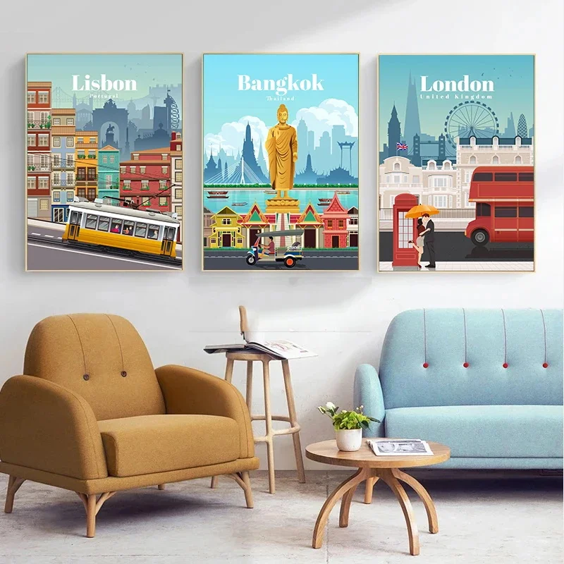 المدن السياحية العالمية الشهيرة المشارك يطبع لندن مدينة نيويورك السفر الرسم على لوحات القماش الجدارية صورة ديكور غرفة المعيشة المنزلي #3