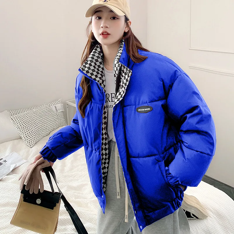 女性の秋/冬トップコートコットンコートスタンドアップカラーソリッドカラーショートチェック柄肥厚フリース裏地快適なニッチ