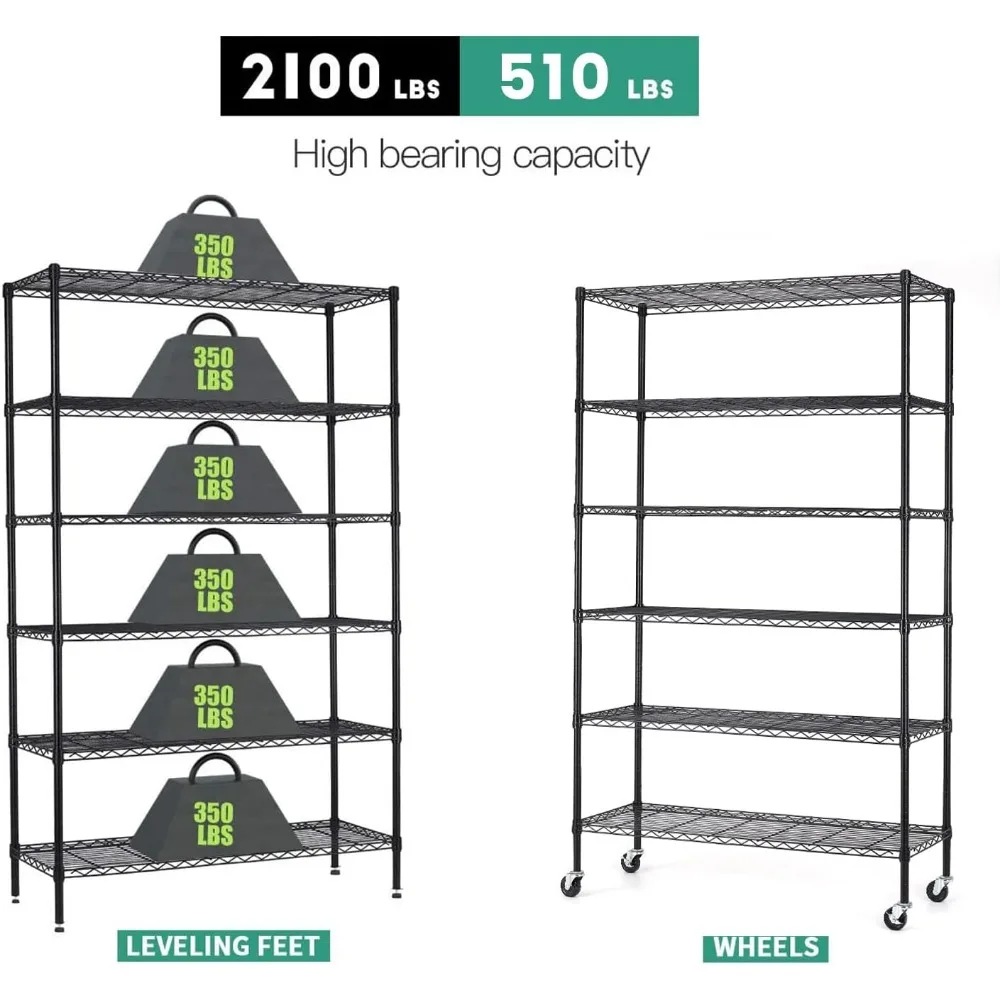 Wheels Steel 6 Tier Heavy Duty Layer Rack Storage Metal Shelf Garage Organizer Wire Rack Shelving-18x48x82 inch (Black)