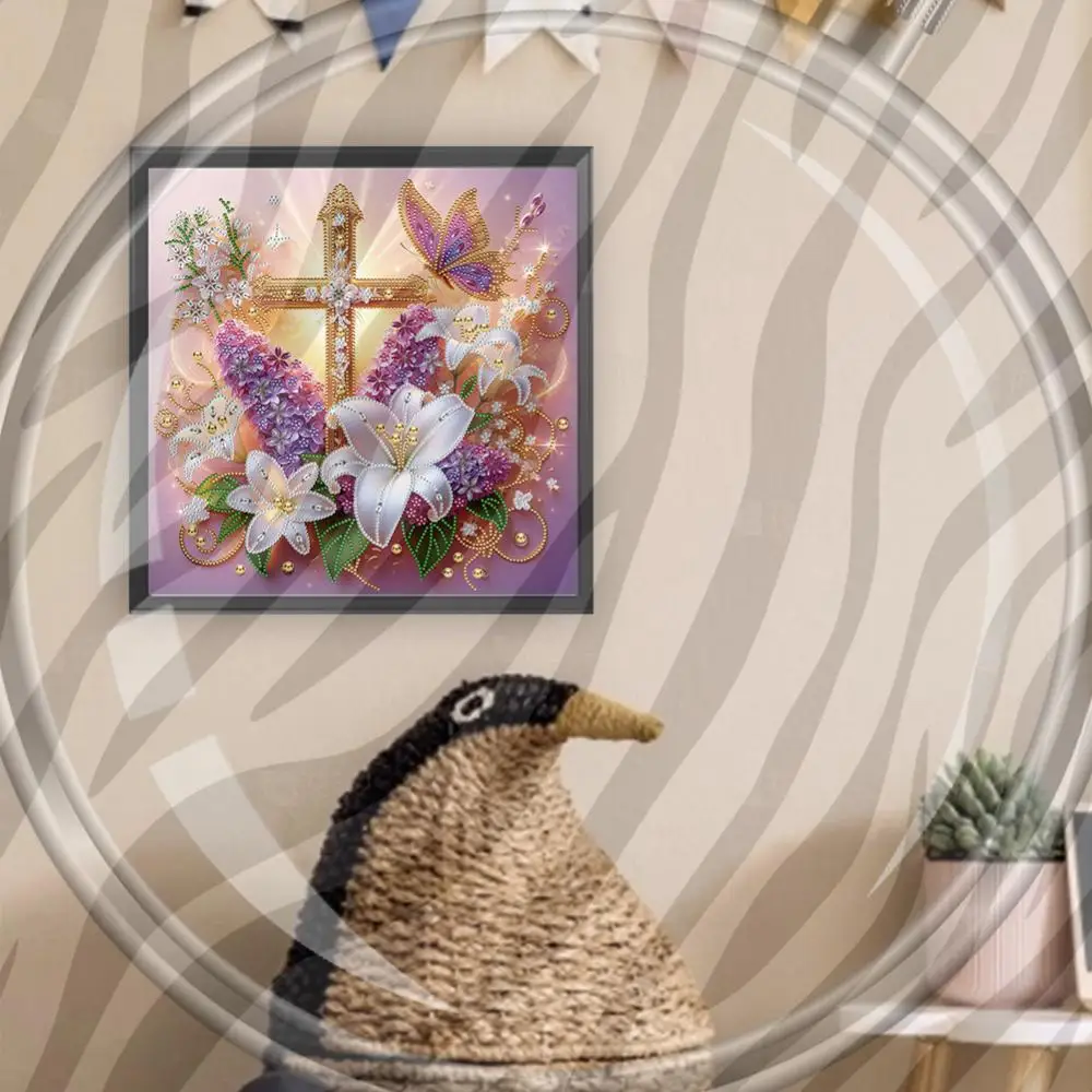 

5D DIY Partial Special Shaped Drill Diamond Painting Cross Lavender Art40x40cm