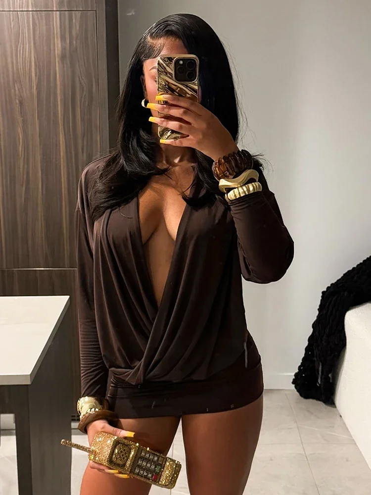 Leosoxs Sexy V-Neck Dress Women Elegant Peach Hip Full Sleeve Autumn Fashion 2025 Banquet Party Clubwear Skinny Mini Bodycon