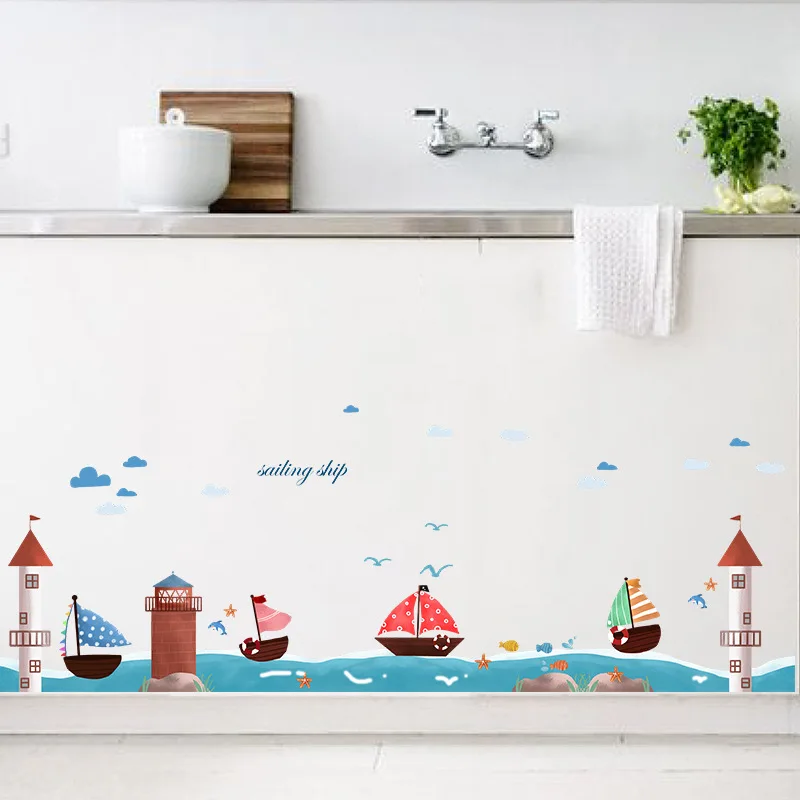 Mural Decals wallpaper Sailboat on the sea Wall Stickers for kids Children's room Living room Bedroom home Baseboard decoration