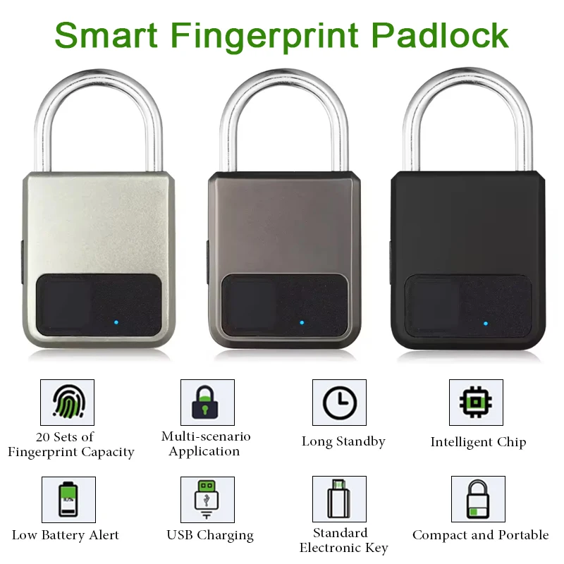Smart Fingerprint Padlock Waterproof Anti-Theft Mini Portable Biometric Padlock USB Charging For Bike Gym Locker Luggage